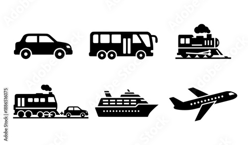 Travel and transport silhouette icons vector set for apps and web