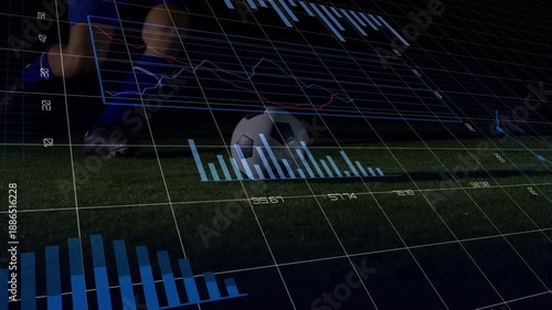 Animation of graphs and financial data over soccer ball on field