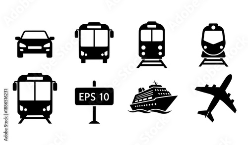 Transportation icons vector set car bus train cruise ship airplane silhouette