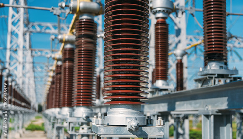 Electric utility infrastructure shows insulators at a power station under clear sky during daylight hours