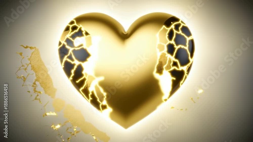 Kintsugi-inspired animation showing broken black heart with gold lightning cracks transforming into polished golden heart. Symbolic healing and transformation sequence with particle effects.

