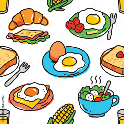 Delicious Breakfast and Brunch Food Seamless Pattern