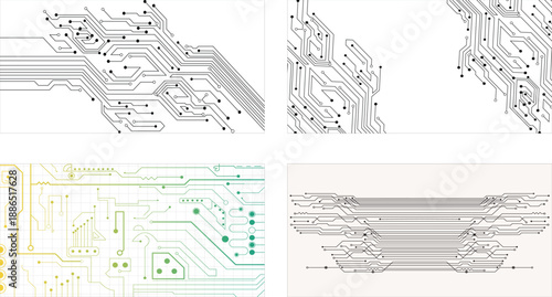 Collection of four technology circuit board texture. Futuristic digital communication technology circuit board background.
