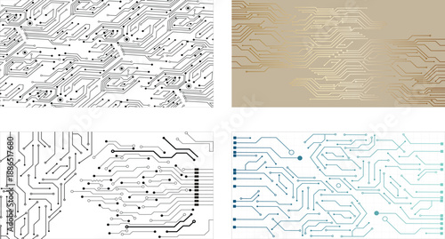Collection of four technology circuit board texture. Futuristic digital communication technology circuit board background.