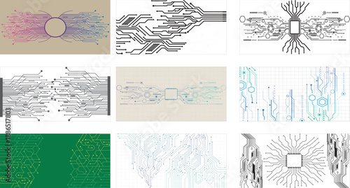 Set of abstract black circuit lines and nodes on white background. Vector eps10