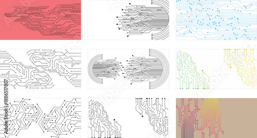 Set of abstract black circuit lines and nodes on white background. Vector eps10