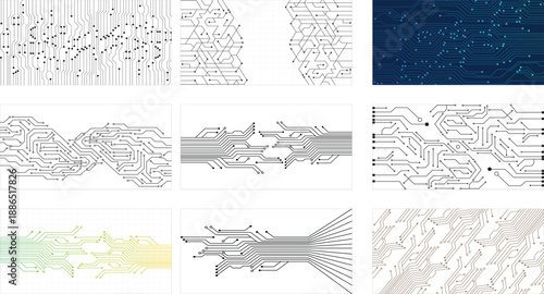 Set of abstract black circuit lines and nodes on white background. Vector eps10