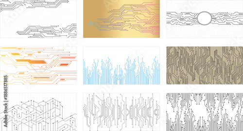 Collection of nine technology circuit board background. Vector eps10 
