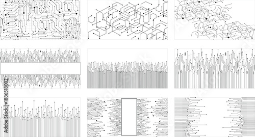 Futuristic digital circuit line technology poster set, glowing lines innovation and connection network background. 