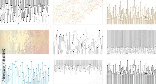 Futuristic digital circuit line technology poster set, glowing lines innovation and connection network background. 