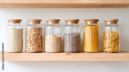 Glass jars with grains and pasta on wooden shelf, zero waste pantry organization, kitchen