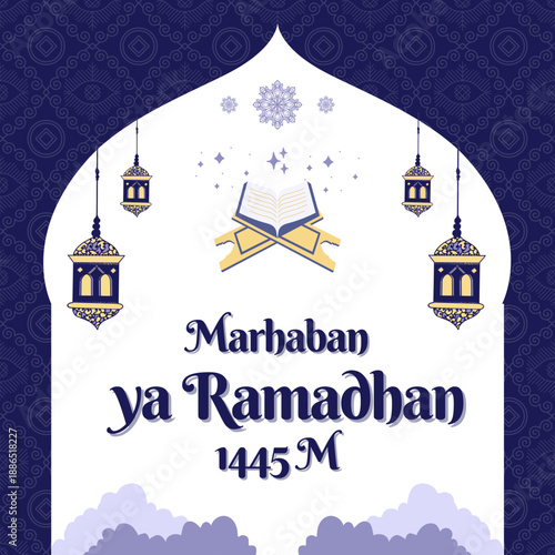 Minimalist Ramadan 1445 M Greeting with Holy Quran and Lanterns