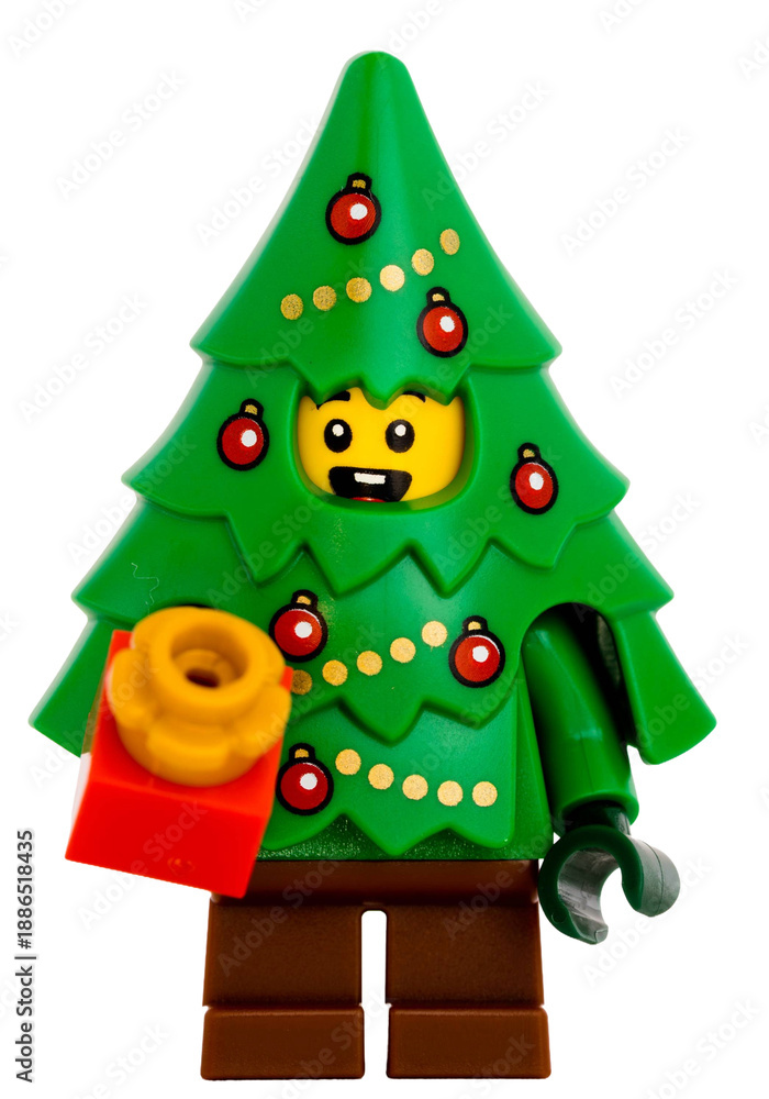Fototapeta premium Dortmund - Deutschland 22. Januar 2026 Lego Minifigure als Weihnachtsbaum mit Geschenk 