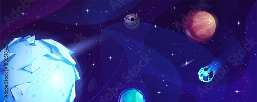 Cartoon space universe background with planet