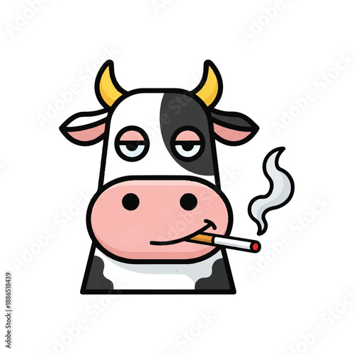 A cartoon cow with a cigarette in its mouth is smoking in a humorous illustration