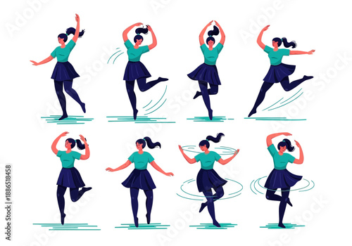 Eight different dance poses of a woman in a teal shirt and dark skirt