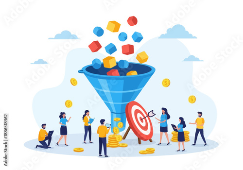 Business people funnel marketing strategy with colorful blocks and coins