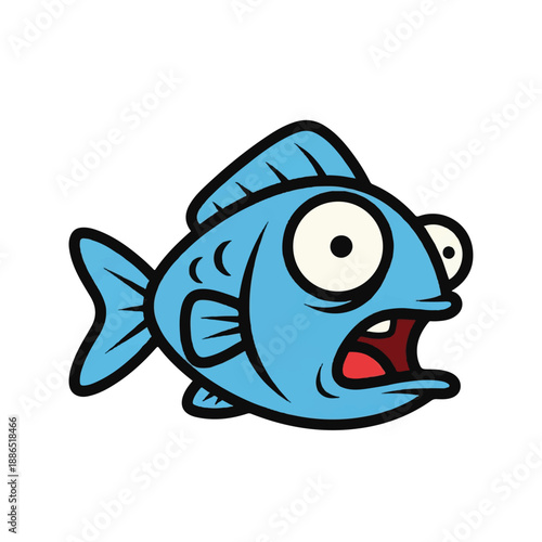 A cartoon fish with a shocked expression is illustrated on a simple background from a side viewpoint