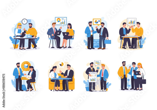 Business professionals engaging in various office activities and teamwork