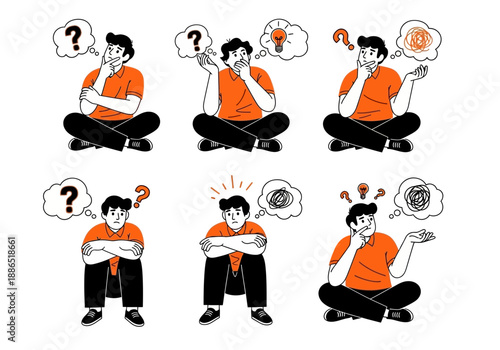Confused man sitting in various thinking poses with question marks and ideas
