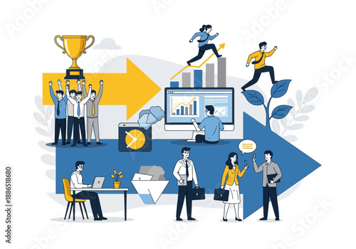 Business people working together to achieve goals and success in office environment with various charts and awards
