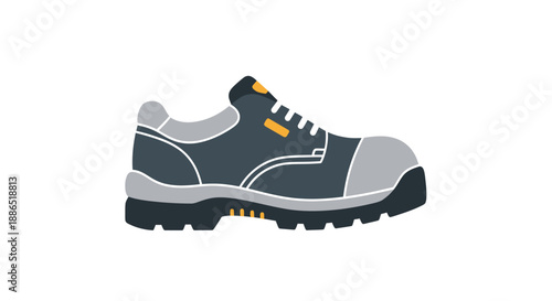 A dark grey industrial safety shoe with a reinforced steel toe cap shown in a side profile vector illustration.