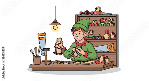 Cartoon Elf Working at Workbench with Toys and Tools in Workshop.