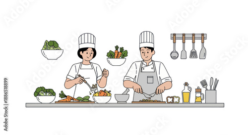 Two Chefs Preparing Food in a Kitchen Setting.