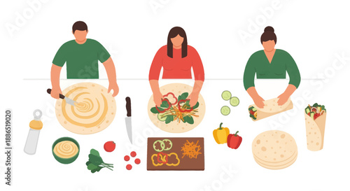 People Preparing and Assembling Wraps with Fresh Ingredients on a Table.