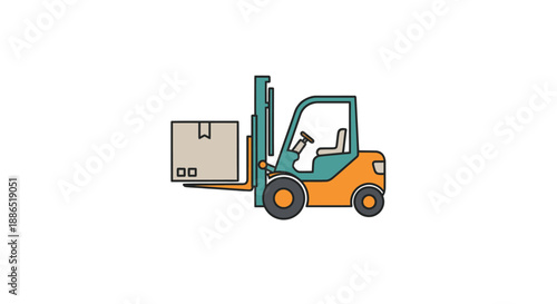 Orange and Teal Forklift Truck Lifting a Cardboard Box.