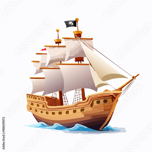 Pirate ship sails on the ocean with a 3D vector style
