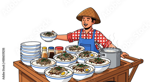 Smiling Street Food Vendor Serving Bowls of Traditional Meals from Wooden Cart.