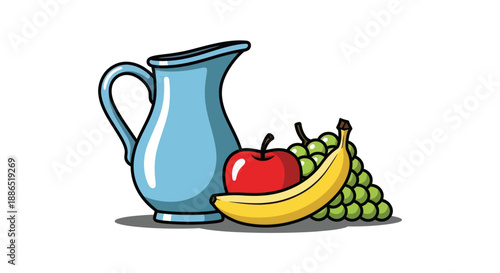 Vibrant Cartoon Pitcher with Red Apple Yellow Banana and Green Grapes.