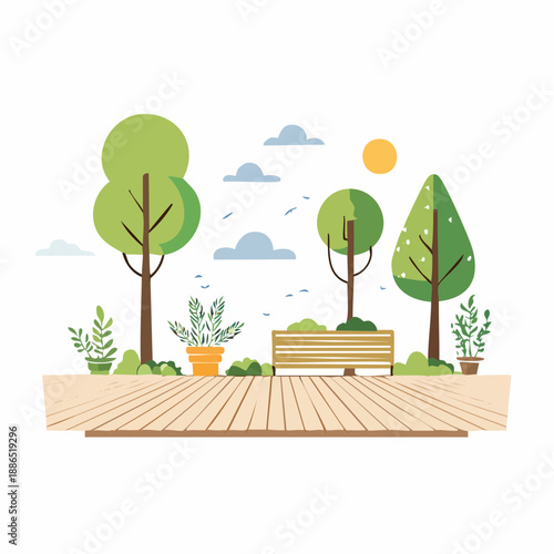 Illustration of a serene landscape with trees and plants on a wooden deck