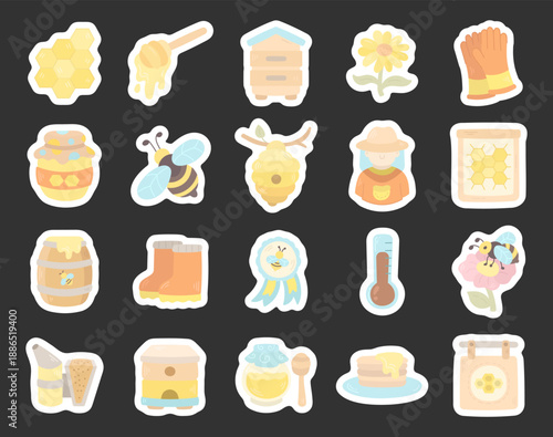 Beekeeping honey production set in scandinavian style featuring bees hives tools flower apiary symbols essentials harvesting process beekeeper work equipment