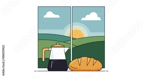 Flat Design Illustration: Coffee Pot Bread and Sunrise Morning Scene.