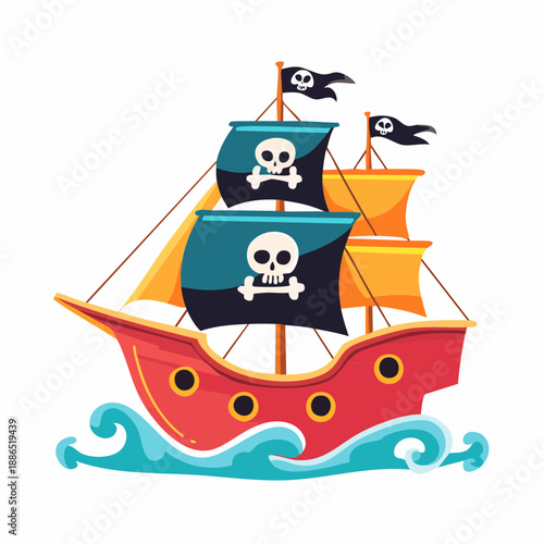 Pirate Ship Sailing on Ocean Waves with Jolly Roger Flags Vector Illustration