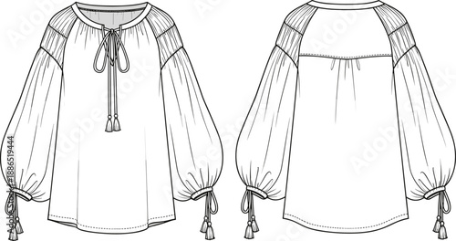Women’s blouse fashion illustration, front and back view, bohemian style garment design, vector drawing with tassel details, loose silhouette, long sleeves