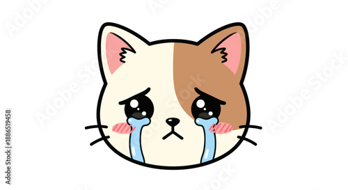 Sad Cartoon Cat Face with Big Tears Two-Tone Fur.
