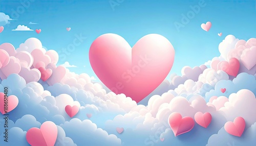 Whimsical Valentine's day background with large 3D pink heart and clouds in a blue sky with horizontal copy space