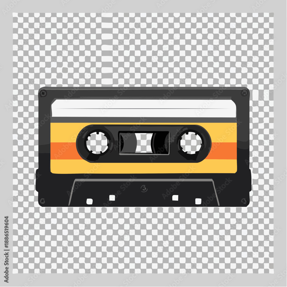 Fototapeta premium Minimalist vector cassette tape on transparent surface viewed from directly above