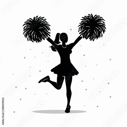 Cheerleader performs energetic dance routine with pom-poms under festive atmosphere