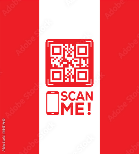 Red QR code icon with "SCAN ME!" text and smartphone symbol on a white vertical strip between red panels. Modern vector graphic for mobile links, contactless payments, and digital marketing.