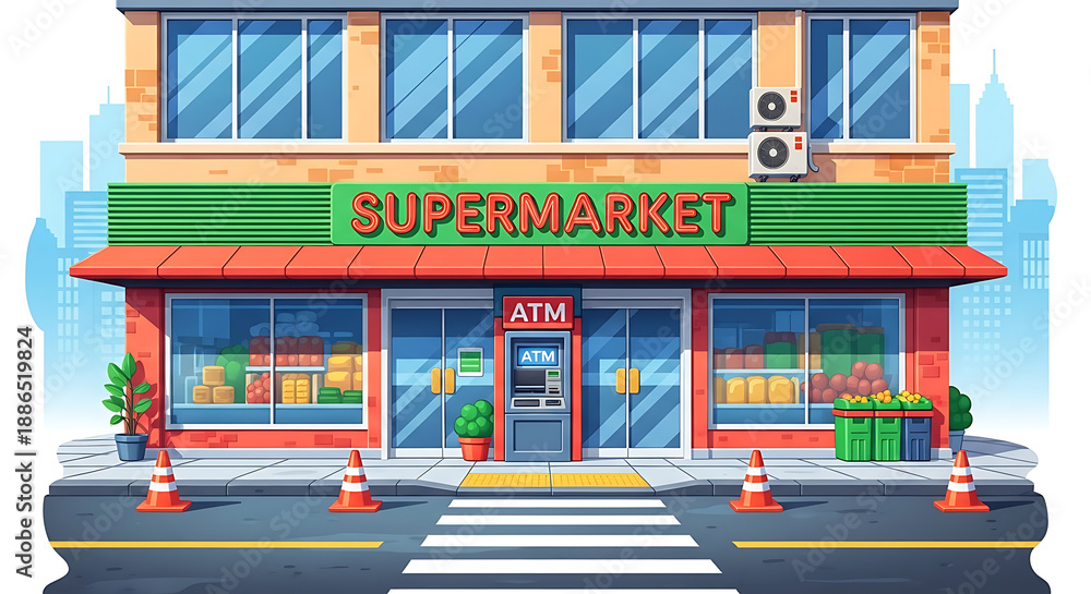 Naklejka premium A vibrant supermarket building with an ATM entrance surrounded by traffic cones on a busy city street daytime view