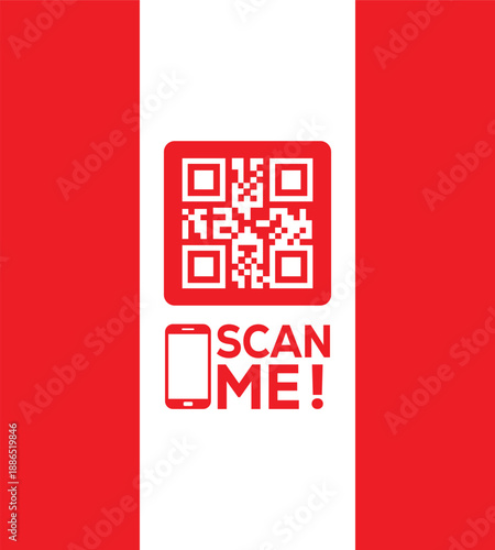 Red QR code icon with "SCAN ME!" text and smartphone symbol on a white vertical strip between red panels. Modern vector graphic for mobile links, contactless payments, and digital marketing.