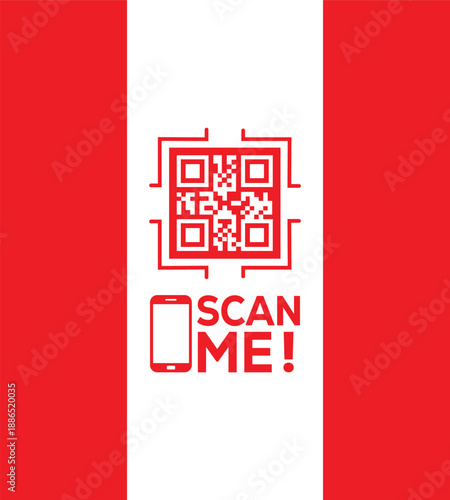 Red QR code icon with "SCAN ME!" text and smartphone symbol on a white vertical strip between red panels. Modern vector graphic for mobile links, contactless payments, and digital marketing.