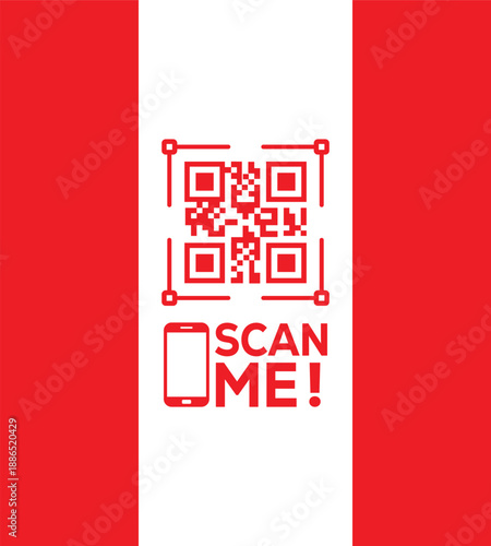 Red QR code icon with "SCAN ME!" text and smartphone symbol on a white vertical strip between red panels. Modern vector graphic for mobile links, contactless payments, and digital marketing.