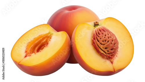 Ripe peach halves and whole fruit isolated PNG, juicy summer stone fruit on transparent background for healthy eating and dessert concepts