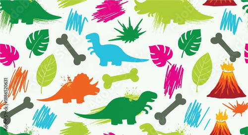 Prehistoric Dinosaur Pattern with Volcanoes Fossils and Tropical Leaves