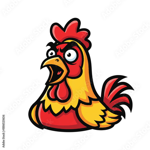A cartoon rooster with an open beak sitting on a white background viewed from the front